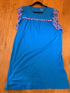 Lilly Pulitzer Blue Flutter Sleeve Pom-Pom Tunic with Pink Trim